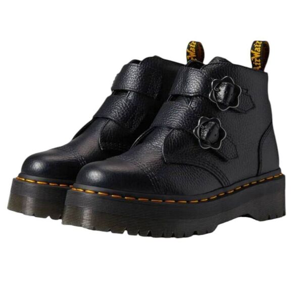 Dr. Martens Devon Flower Buckle Leather Platform Boots Women's Size 8 NWB Black - Picture 2 of 9